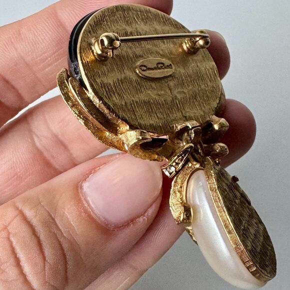 Vintage Designer Oscar de la Renta Black Glass Pearl Facet Crystal Dangle Brooch - Picture 9 of 14